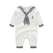 Baby Sailor Romper white top and bottom, with cuffs and necktie in blue/white stripes... Looking like a US Sailor